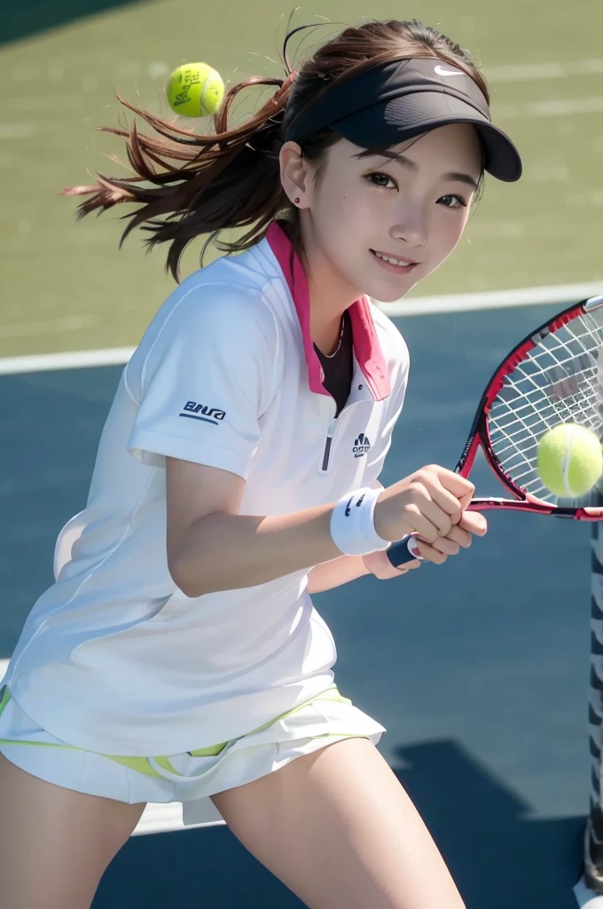 (8k、top-quality、masterpiece:1.2)、(reallistic、Photorealsitic:1.37)、The ultra-detailed、1 girl、Beautie、cute little、a smile、solo、(Redness of the nose)、(a smile:1.15)、(With mouth closed) 、beautidful eyes、(Long:1.2)、Floating Hair NovaFrog Style、The upper part of the body、(((tennis coat)))、(((Tennis Wear)))