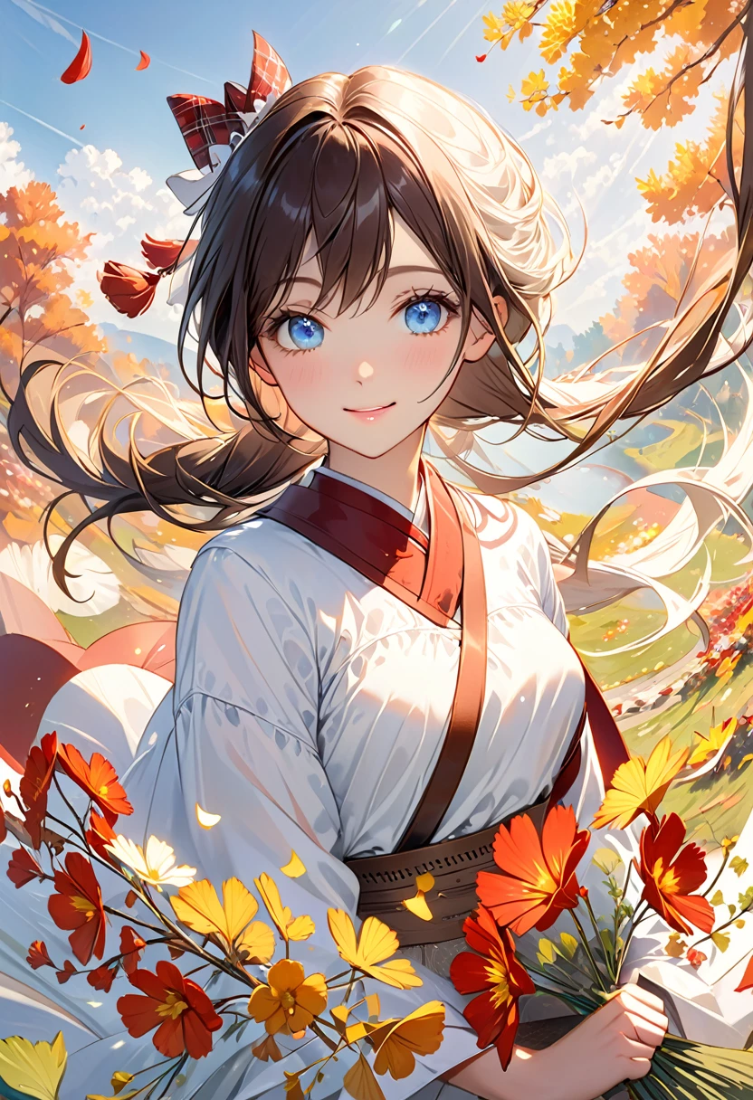 (1girl:1.3),(solo:1.3),(ultra detailed:1.2),(depth of field:1.2),(Amazing, beautiful detailed characters:1.2),(Realistic shadow effects:1.2),8k wallpaper,
BREAK
(cute maiden girl:1.2),(high definition eyes:1.3),(gradation clear vivid glitter pupil cute blue eyes:1.2),(eyes with a faint glint in them:1.3),(white long hair:1.3),bangs,(dignified beautiful face:1.2),hair between eyes,small mouth,(parted lips:1.2),with cute Healthy makeup,middle breasts,
BREAK
(squint smile:1.2),
(looking side:1.2),
BREAK
holding accessory,(White plaid flared skirt on red fabric:1.4),(Brown smock blouse:1.2),(White cape:1.2),(catsuit:1.2),bobby socks,brown loafer,
random pose,
Simple Background,dark brown,Ginkgo biloba,Autumn plants arranged in a circle,cosmos,acorn,Lots of flowers in pastel colors,
(A close-up portrait:1.3),