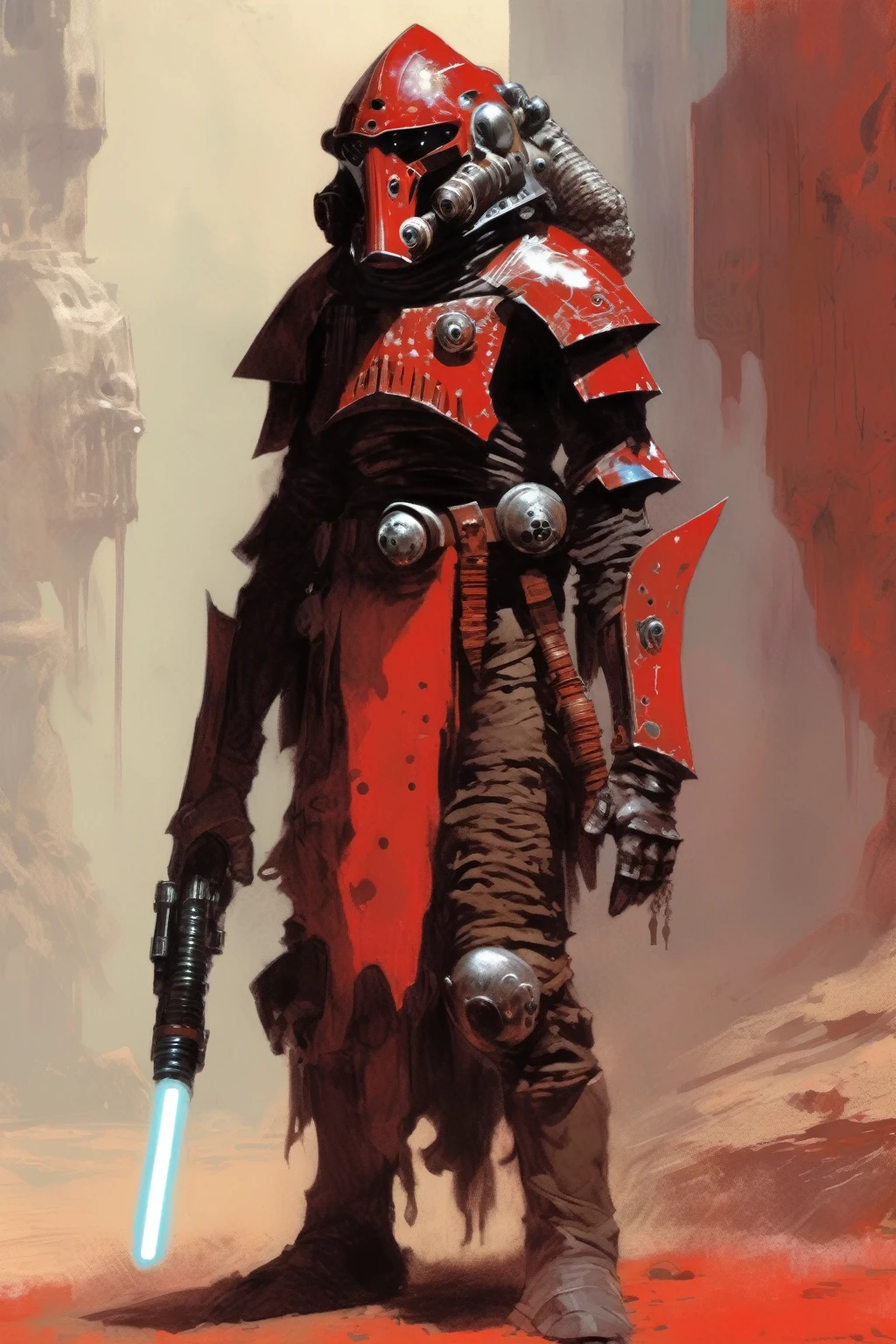 A inquisitor, concept art, cyberpunk, stranger, fighter, star wars, heavy armor, heavy helmet, frank frazetta style, alone, alien ambient, red drawnings on the helmet, red tribal drawnings on the armor, not rotten, red lightsaber