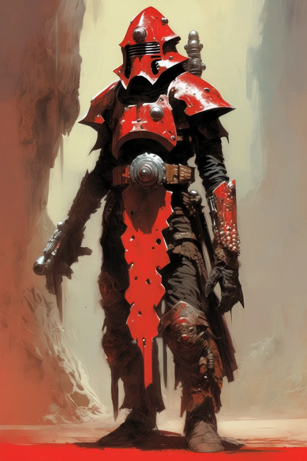 A inquisitor, concept art, cyberpunk, stranger, fighter, star wars, heavy armor, heavy helmet, frank frazetta style, alone, alien ambient, red drawnings on the helmet, red tribal drawnings on the armor, not rotten, red lightsaber