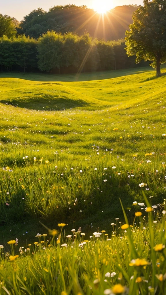 A serene and peaceful miniature meadow, expansive, with a soft golden light, without animals or bugs, with dew on the grass