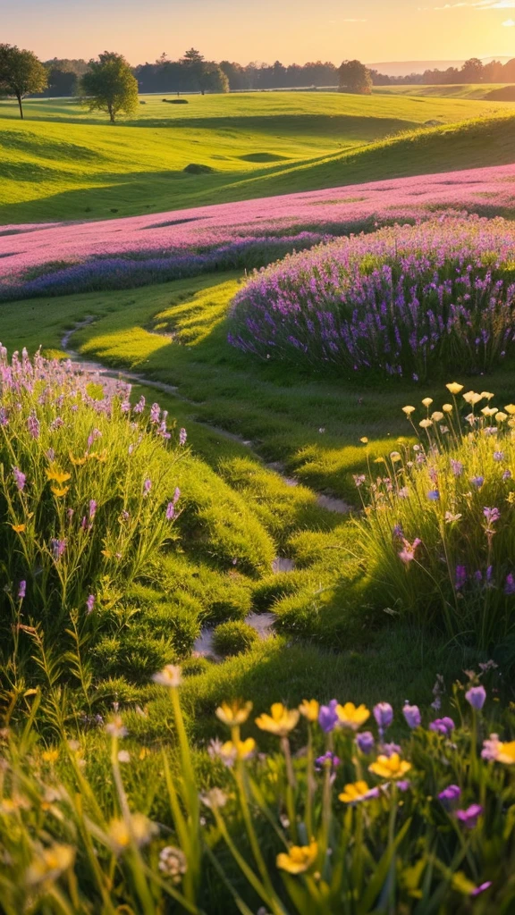 A serene and peaceful miniature meadow, expansive, with a soft golden light, without animals or bugs, with dew on the grass