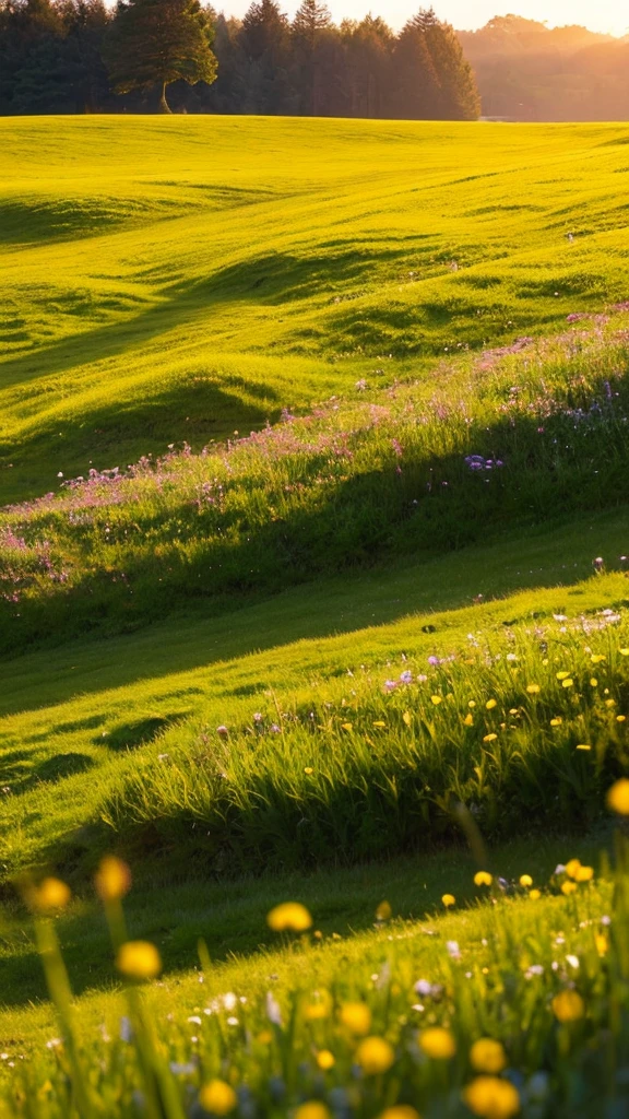 A serene and peaceful miniature meadow, expansive, with a soft golden light, without animals or bugs, with dew on the grass