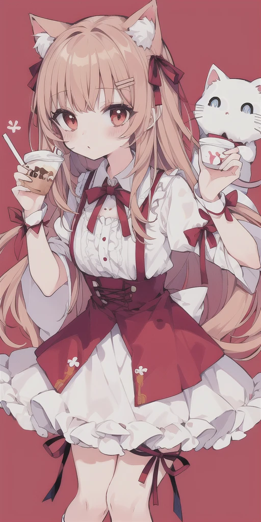 Milk tea hair,long,ribbon,There is a cat,Older sister type
