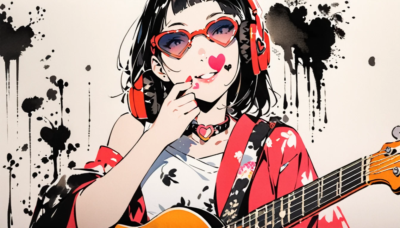 Fashion portrait color photos, (((Ink Painting))), (((1 girl))), (((Heart tattoo on face))), (((sunglasses))), Japanese style headphones, (((guitar bass))), Japanese Beauty, Black Hair, smile