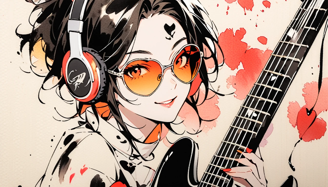 Fashion portrait color photos, (((Ink Painting))), (((1 girl))), (((Heart tattoo on face))), (((sunglasses))), Japanese style headphones, (((guitar bass))), Japanese Beauty, Black Hair, smile