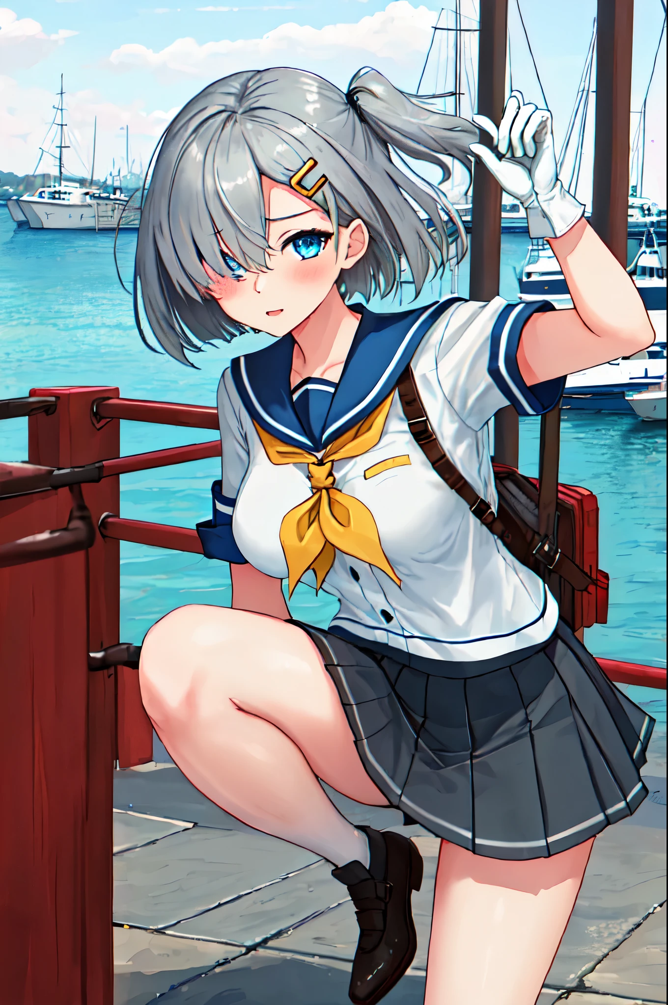 best quality, masterpiece, highres, solo, {hamakaze_kantaicollection:0.90}, 1girl, black_pantyhose, pleated_skirt, serafuku, short_sleeves, simple_background, white_background, yellow_neckerchief, white_gloves, looking_at_viewer, grey_skirt, blush, eyes_visible_through_hair, blue_sailor_collar, dynamic_posing,long_bangs,hair_over_one_eye,harbor_school_landscape_background,outdoor,