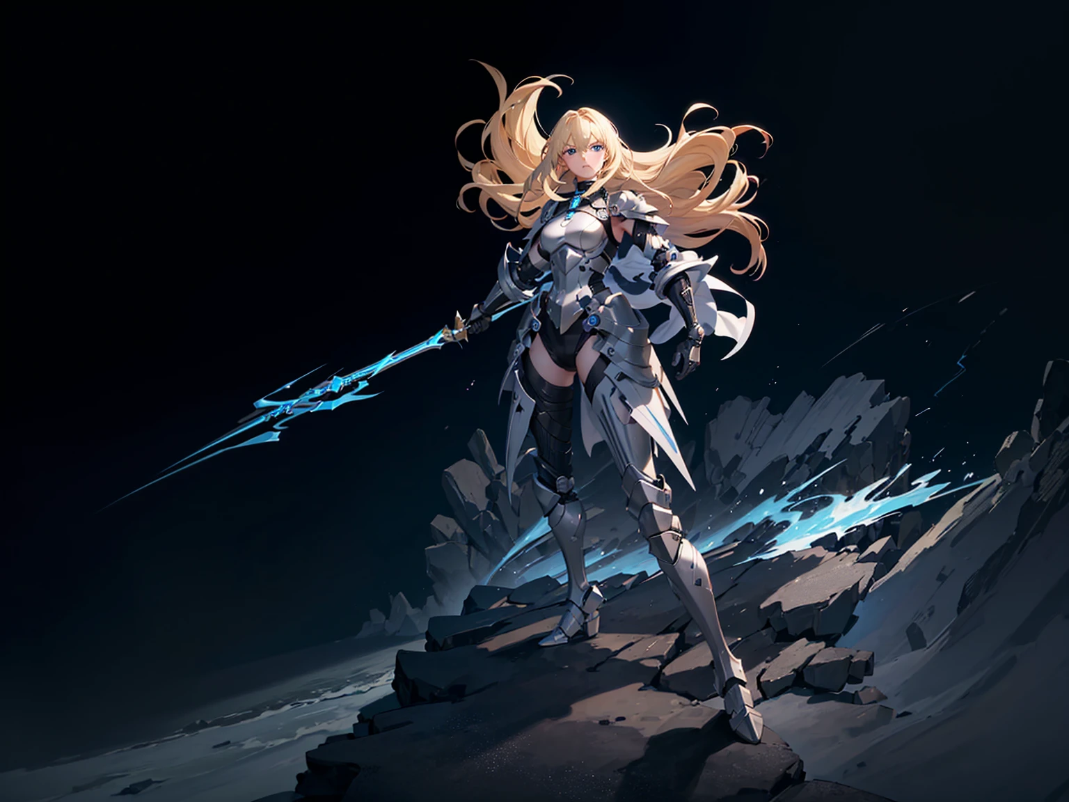 18 years old, blond hair, flowing blond hair, blue eyes, in a full body black armor, futuristic, masterpiece, high quality, with a lightning energy in hand, shoulders exposed, gloves, ready to fight pose, 4k, overhead view, solo character