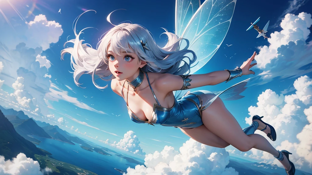 fairy girl ,flying in the sky, siver hair,hight quality,4k