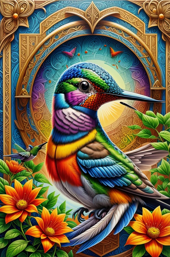 CRU photo,  photorealistic, classic pattern border, a hummingbird drinking from a flower, close-up, bright and vibrant, (artwork:1.3) (best quality:1.2) (high quality:1.1)