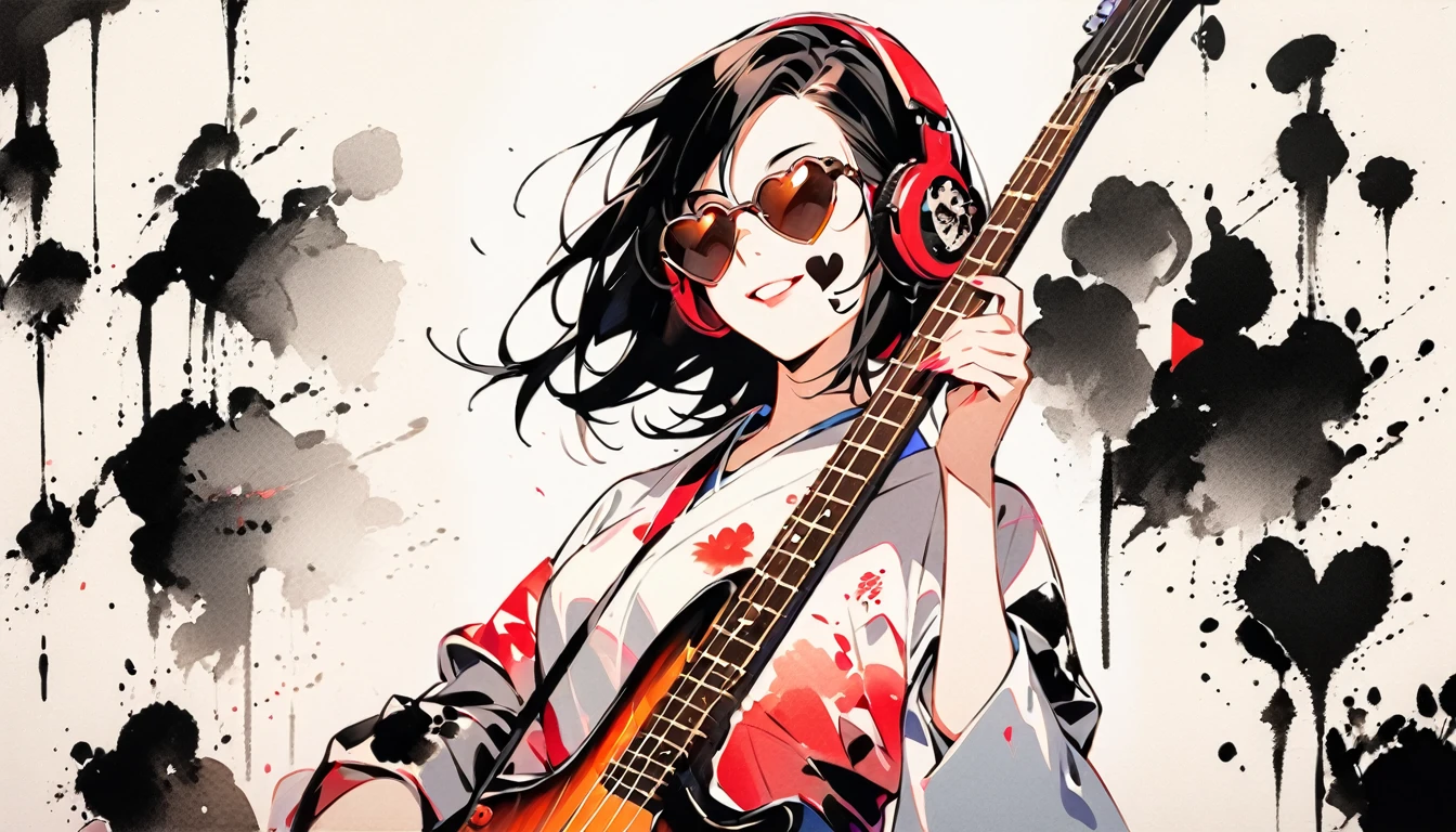 Fashion portrait color photos, (((Ink Painting))), (((1 girl))), (((Heart tattoo on face))), (((sunglasses))), Japanese style headphones, (((guitar bass))), Japanese Beauty, Black Hair, smile