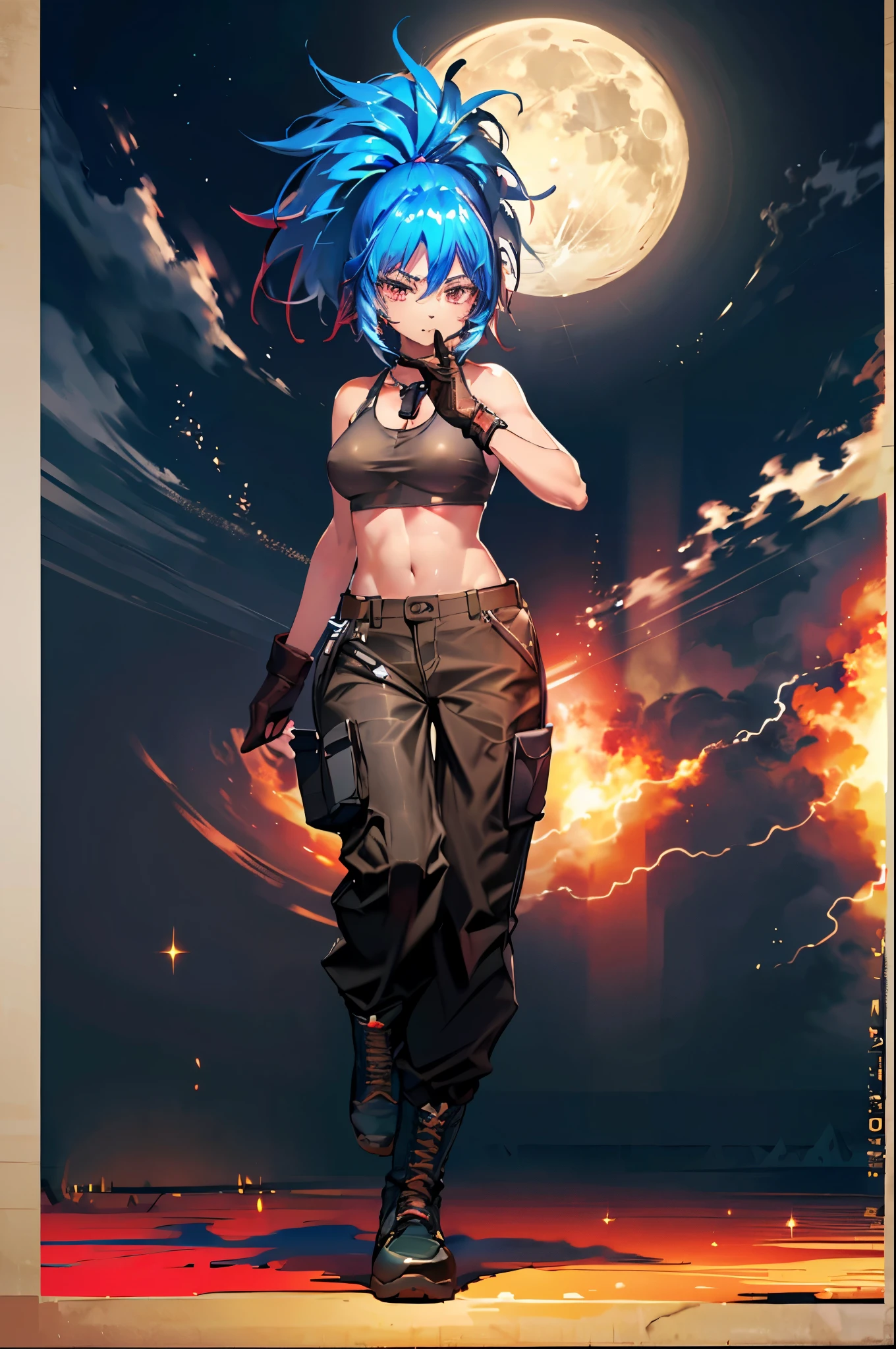 (masterpiece, highest quality, ultra high res, ultra detailed:1.3), 1 girl, ideal ratio body proportions, red eyes, (blue hair:1.2), high ponytail, unruly hair, brown tank top, military pants, military boots, bare shoulders, bare arms, open finger gloves, dog tag, full moon_landscape, night time, tank top covered nipples,
