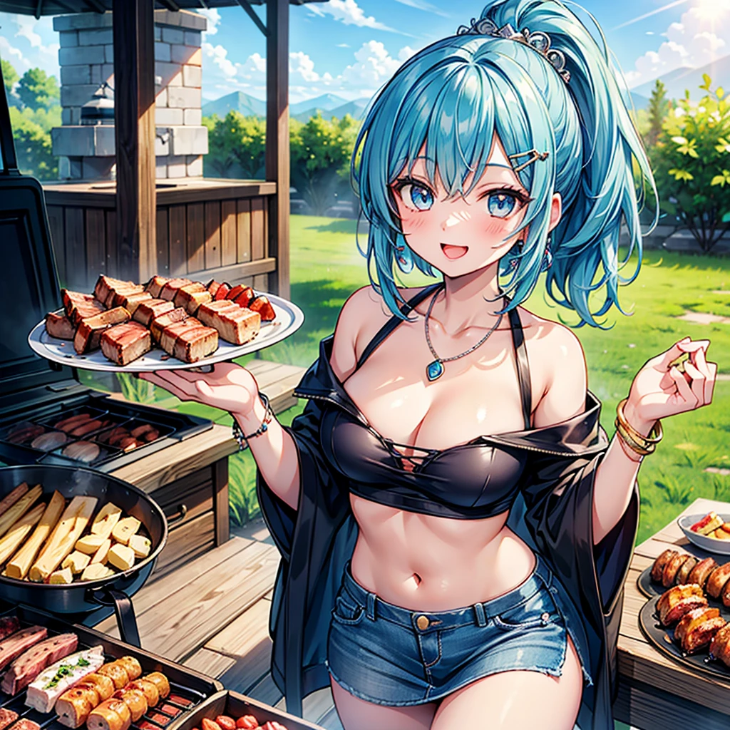 Anime Moe Art Style,Highest quality,High resolution,Anatomically correct,One Girl,Mid-s,Girl with light blue hair in a ponytail,Very detailed,Fantasy-style world,Off-the-shoulder tops,mini skirt,Big Breasts,Rich expressiveness,Laughing with your mouth open,Riverbank,Having a barbecue,Detailed drawn eyes,hair ornaments,necklace,bracelet,8k