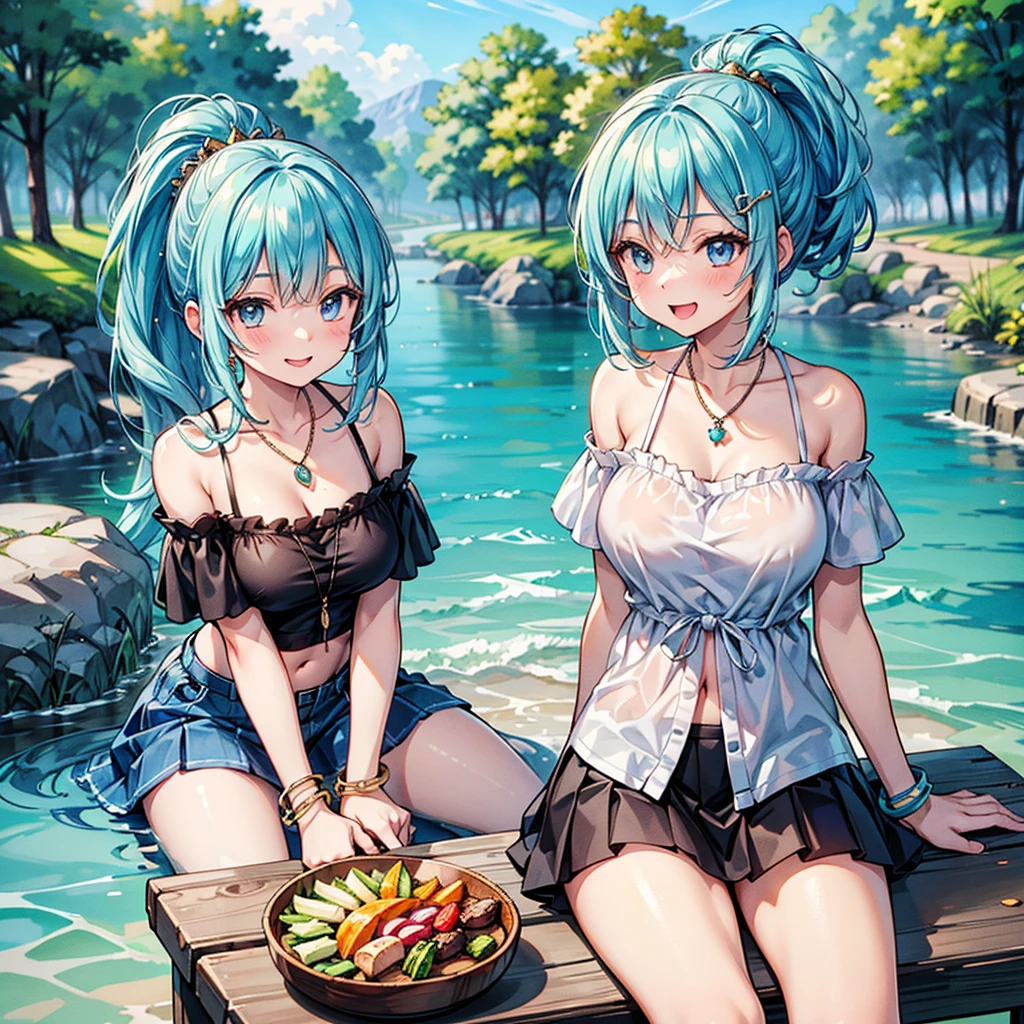 Anime Moe Art Style,Highest quality,High resolution,Anatomically correct,One Girl,Mid-teens,Girl with light blue hair in a ponytail,Very detailed,Fantasy-style world,Off-the-shoulder tops,mini skirt,Big Breasts,Rich expressiveness,Laughing with your mouth open,Riverbank,Having a barbecue,Detailed drawn eyes,hair ornaments,necklace,bracelet,8k