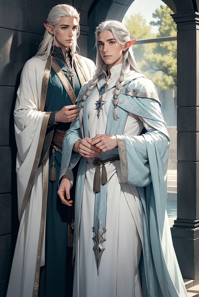 Tall, handsome, statuesque, manly, adult Lee Pace in the image of King Thranduil, platinum blond, king of the elves, he has long straight platinum hair, blue eyes, royal silver elven robes. Realistic image.