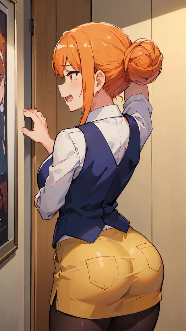 (Highest quality, 8k, masterpiece :1.3),Mrs. Yuigahama,ガハMom, As I expected, my youth romantic comedy is wrong。, One woman,Bun Hair,30 years old,Mom,Orange Hair,orgasm,Sexy pose,back,Big Ass,透けるTbackパンツ,