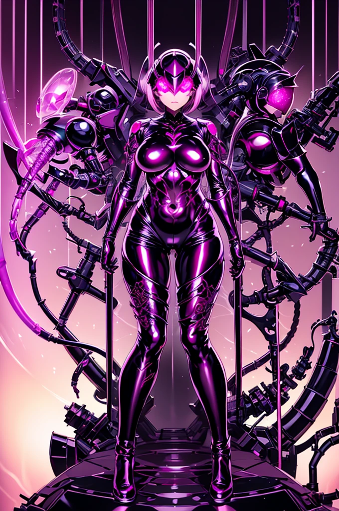 Evil female warrior。2woman. (High quality) （black and red and purple image color）. body suit. compound eye. cyber style. spider web. spike accessory. Biological Armor. Biological helmet. eye mask. heart pasties nipples. squat pose. Fingering. glowing pink tube connected to his crotch. Mechanical background。