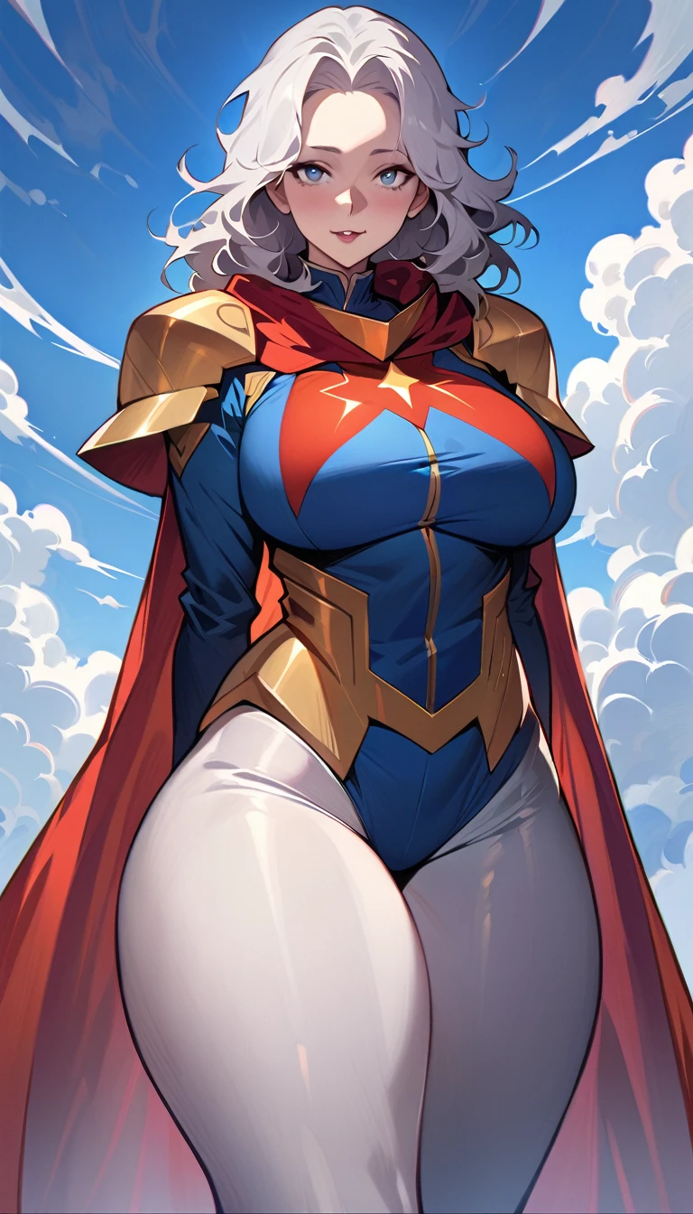 (high quality, 8k, 4K, high contrast, artwork:1.2, high quality, best aesthetics), (centered), ((1 woman)), erotic, sensual, mature body, super detailed, beautiful face detailed, beautiful eyes detailed, detailed beautiful mouth, perfect breats, perfect wide thighs, (short black messy hair), (black eyes), (proud and sadistic expression), (villain), (blue and red hero uniform), (red cape), (gold shoulder pads), (standing), (looking at the viewer), (piercing gaze), (beautiful blue sky in the background)