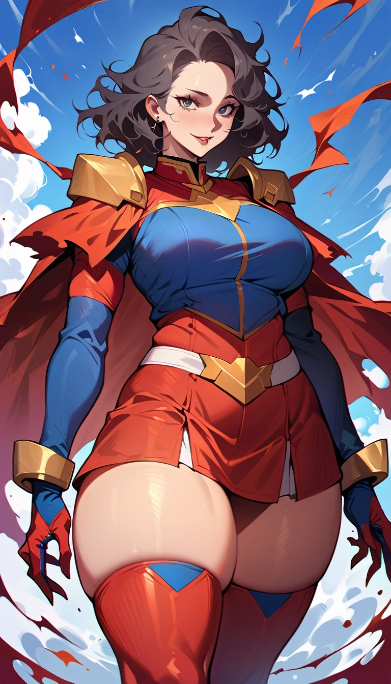 (high quality, 8k, 4K, high contrast, artwork:1.2, high quality, best aesthetics), (centered), ((1 woman)), erotic, sensual, mature body, super detailed, beautiful face detailed, beautiful eyes detailed, detailed beautiful mouth, perfect breats, perfect wide thighs, (short black messy hair), (black eyes), (proud and sadistic expression), (villain), (blue and red hero uniform), (red cape), (gold shoulder pads), (standing), (looking at the viewer), (piercing gaze), (beautiful blue sky in the background)