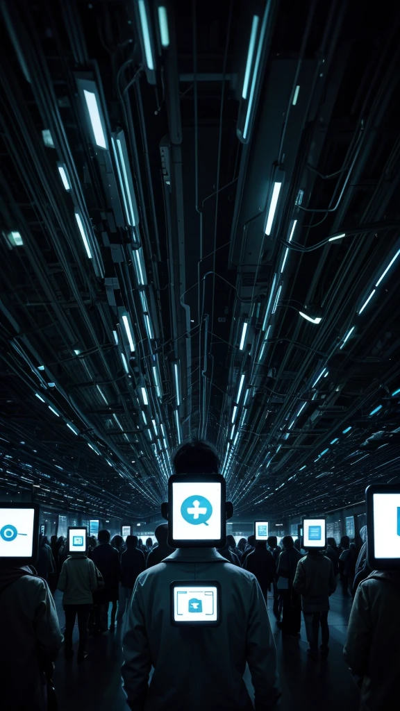 Illustration of several people looking at electronic device screens.Social network symbols and data flows around people.