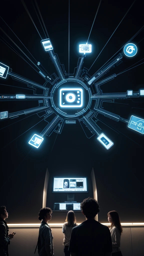 Illustration of several people looking at electronic device screens.Social network symbols and data flows around people.