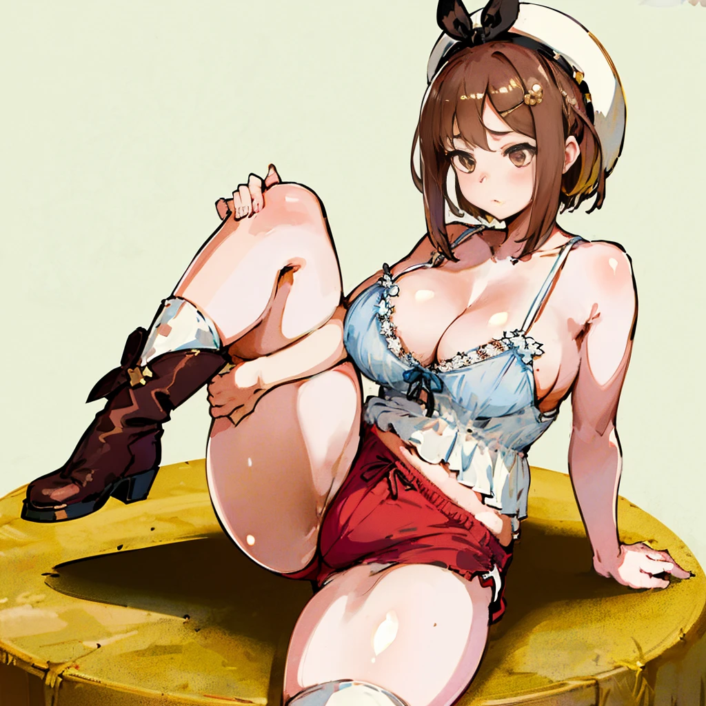 (Highest quality, 8k, masterpiece :1.3),Lizaリン・シュタウト(Lizaのアトリエ),Liza, One woman,Large ,short hair,Brown Hair,hair band,Clothing,hat,White shirt,White camisole,Red shorts,Brown long boots,nsfw,Plump body,Thighs,,Armlock,
