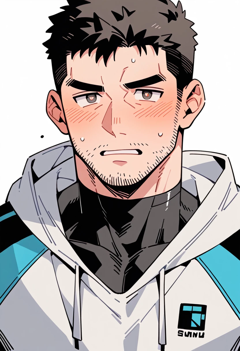 anime characters:Chris Redfield, Muscle Sports Student, Buzz Cut, Manliness, male focus, Sports tight hooded sweatshirt, Wear a black high-necked tights inside, Very tight, full and perky chest muscles, muscular male, muscular, only, Upper body, alone, Red short hair, Thick eyebrows, stubble, Brown-red pupils, White background, simple background, amazing quality, best aesthetics, Ridiculous, crew cut, parted lips, flustered, endured face, shy, blush, negative space, best quality