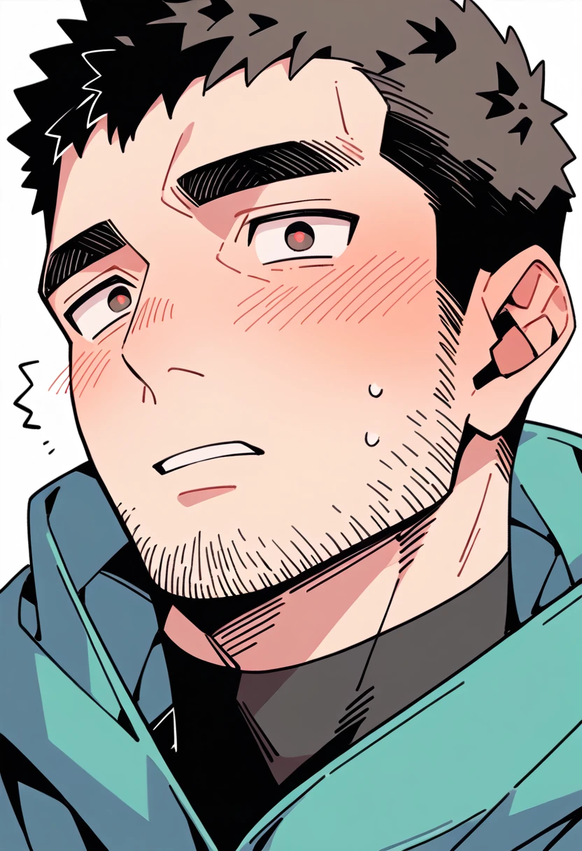 anime characters:Chris Redfield, Muscle Sports Student, Buzz Cut, Manliness, male focus, Sports tight hooded sweatshirt, Wear a black high-necked tights inside, Very tight, full and perky chest muscles, muscular male, muscular, only, Upper body, alone, Red short hair, Thick eyebrows, stubble, Brown-red pupils, White background, simple background, amazing quality, best aesthetics, Ridiculous, crew cut, parted lips, flustered, endured face, shy, blush, negative space, best quality