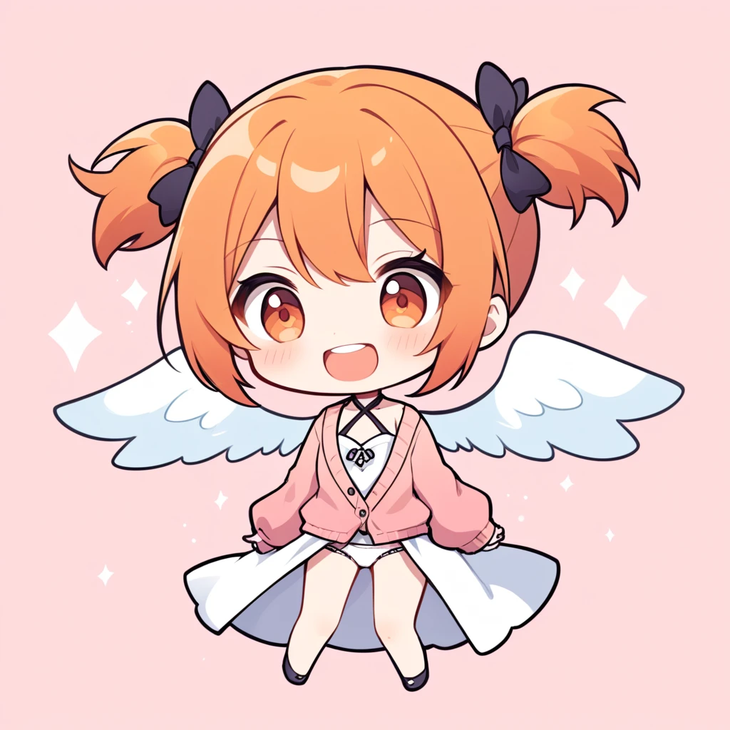 orange hair, orange eyes,girl,Pigtails with the ends tied up,laugh, Chibi, little witch, 1 woman,halterneck,White dress,pink cardigan,panties,Angel Wings