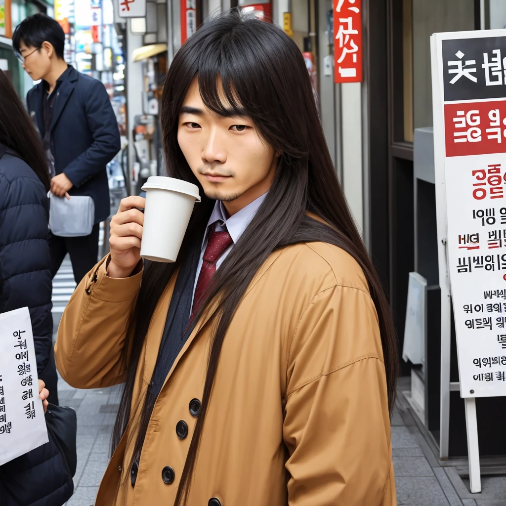 Korean man with long hair above the shoulder. With sign next to nose drinking coffee in Tokyo 