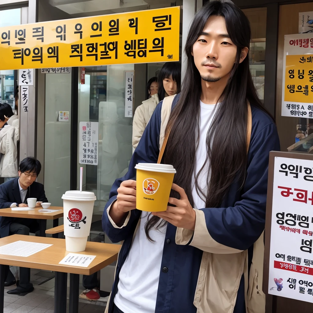 Korean man with long hair above the shoulder. With sign next to nose drinking coffee in Tokyo