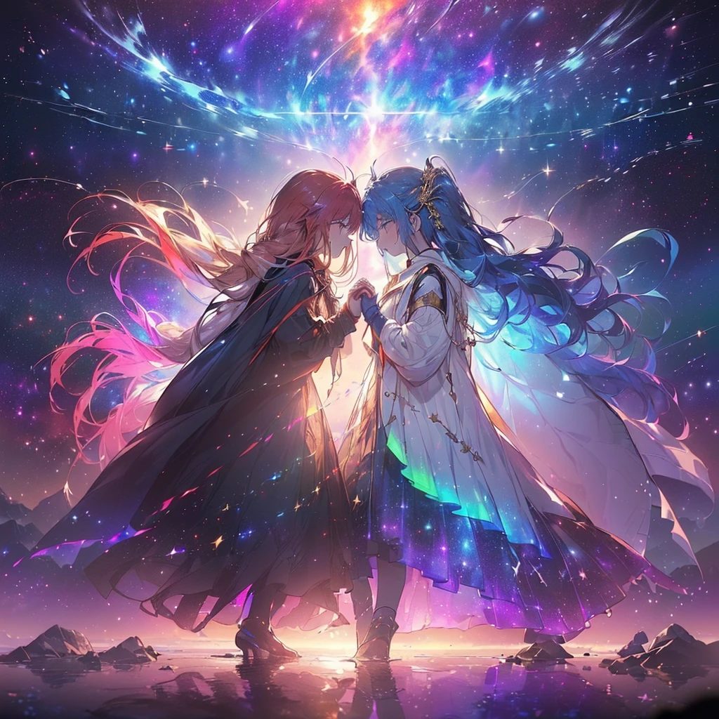 ((((((Two Women))))))　(((((Put your hands together、Two people facing each other、Close-up　Galaxy Background、Shine)))))　((((Fantasy　Rainbow colors、Long Hair、Swaying in the Wind　Dull red eyes　Put on a coat without putting your arms through it))))　(((Lonely、despair)))　((tears　gloves))　(Distorted Space-Time　Big full moon)　Shine背景　Particles of light, Shineエッジ