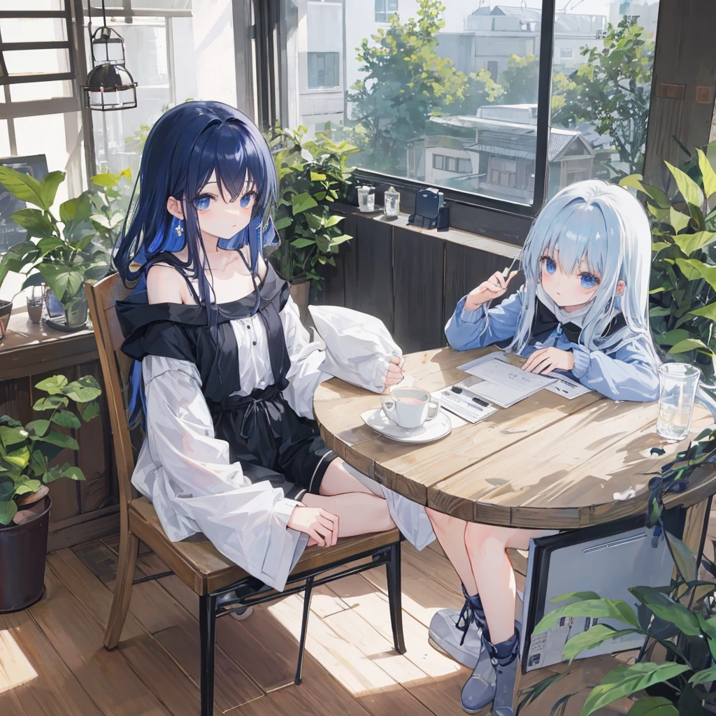 Fairly long hair down、A little bluish、first round、woman、Coffee on a wooden desk、Lots of sugar、Beautiful chair、One laptop、Stylish cafe、Black hooded jersey、White shorts、Small, plain white earrings、Container with sugar、Shoulder Bare、2Sisters of Man
