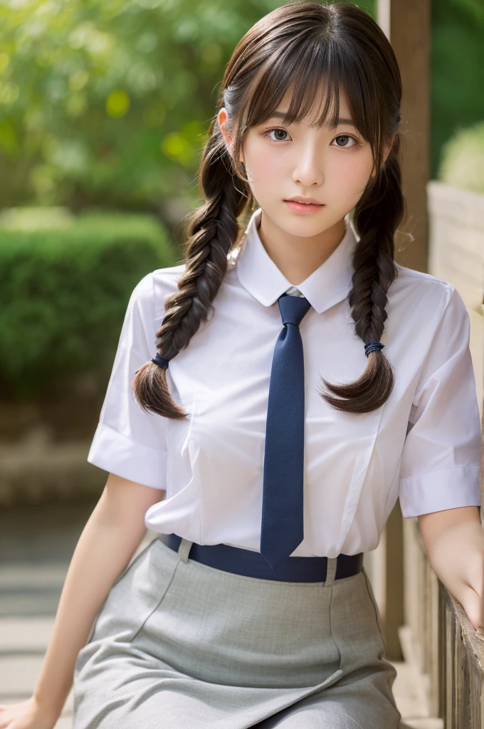 ((highest quality, masterpiece :1.3)), Photorealistic、Ultra-high resolution、Natural skin texture、Hyperrealism、Photograph from the knee up、15 year old Japanese beautiful girl、Twin tail hair、well-shaped breasts、Tight white collared shirt and tie、mini skirt、Contemptuous expression