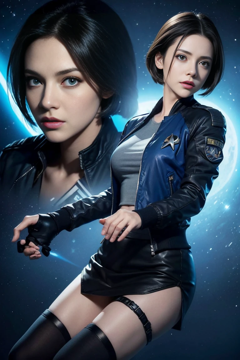 Jill Valentine ,, (tights:1.2),  pilot starship, A sci-fi poster, Star Trek, (masutepiece), (Best Quality), ((Super detailed beautiful face and eyes)), Realistic, with cool girls, Dynamic Angle, Short hair, (blue blouson jacket:1.1) And (Black tight skirt), ((Dark eyes)), Fingerless gloves, Jewelry Accessories, Studio Lighting