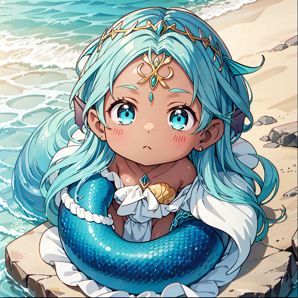 Baby Mermaid Girl sitting in a seashell, ((((DARK SKIN)))) ((Long OMBRE MULTICOLOR HAIR)), Teal Hair Mixed With Brown Hair, MERMAID TAIL, Rune Tattoos, (Gold Circlet), (((EAR FINS)))