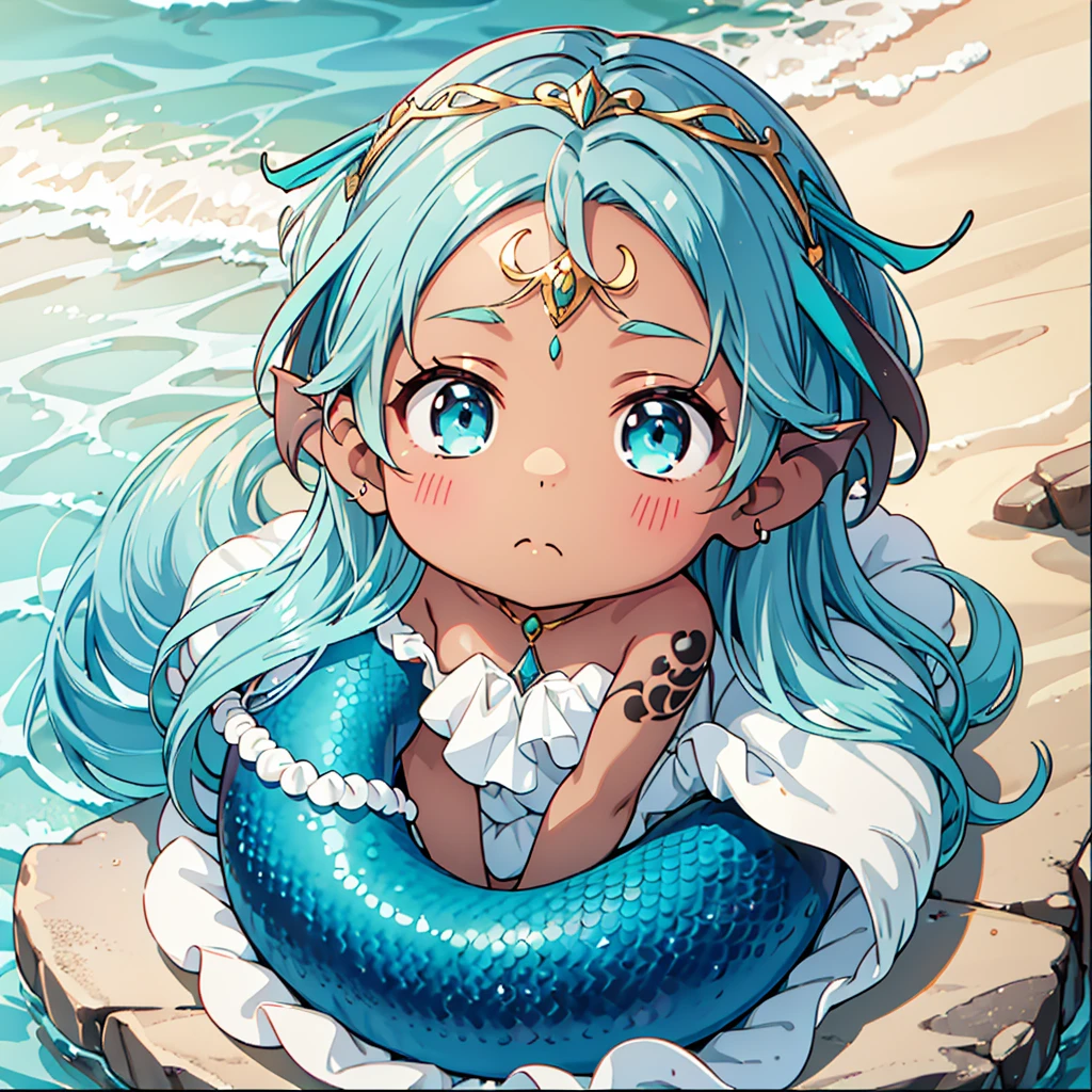 Baby Mermaid Girl sitting in a seashell, ((((DARK SKIN)))) ((Long OMBRE MULTICOLOR HAIR)), Teal Hair Mixed With Brown Hair, MERMAID TAIL, Rune Tattoos, (Gold Circlet), (((EAR FINS)))