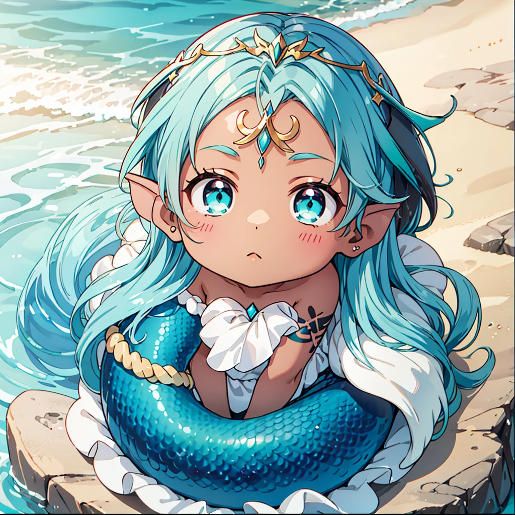 Baby Mermaid Girl sitting in a seashell, ((((DARK SKIN)))) ((Long OMBRE MULTICOLOR HAIR)), Teal Hair Mixed With Brown Hair, MERMAID TAIL, Rune Tattoos, (Gold Circlet), (((EAR FINS)))