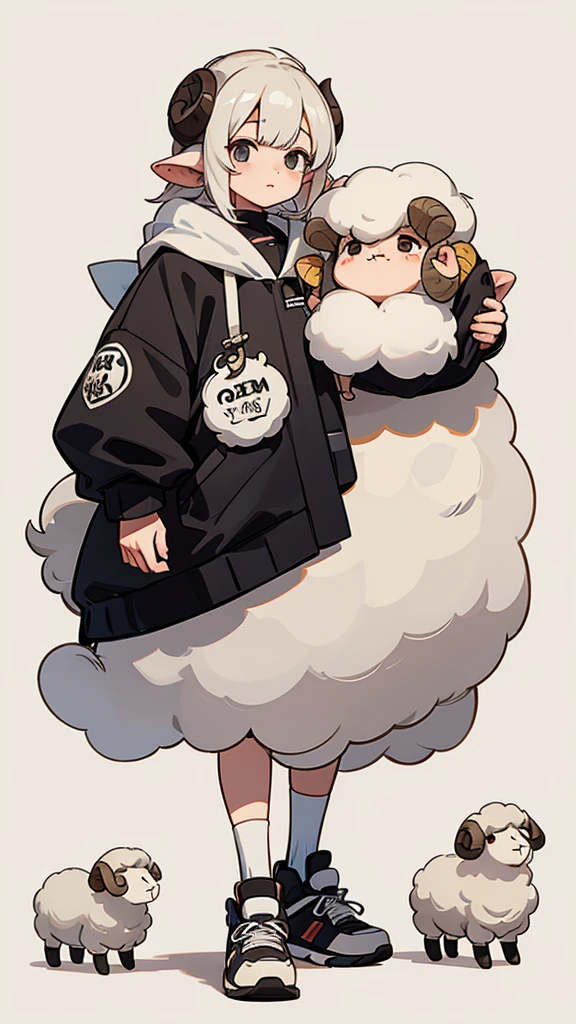 Sheep themed characters, Wearing big sneakers, サイバーパンク, Ram's horn, Keep the background simple, Magazine cover design, Pale pink hair, cloud hair, light smile, closed eyes, projected inset, UHD, highres, best quality, 8k