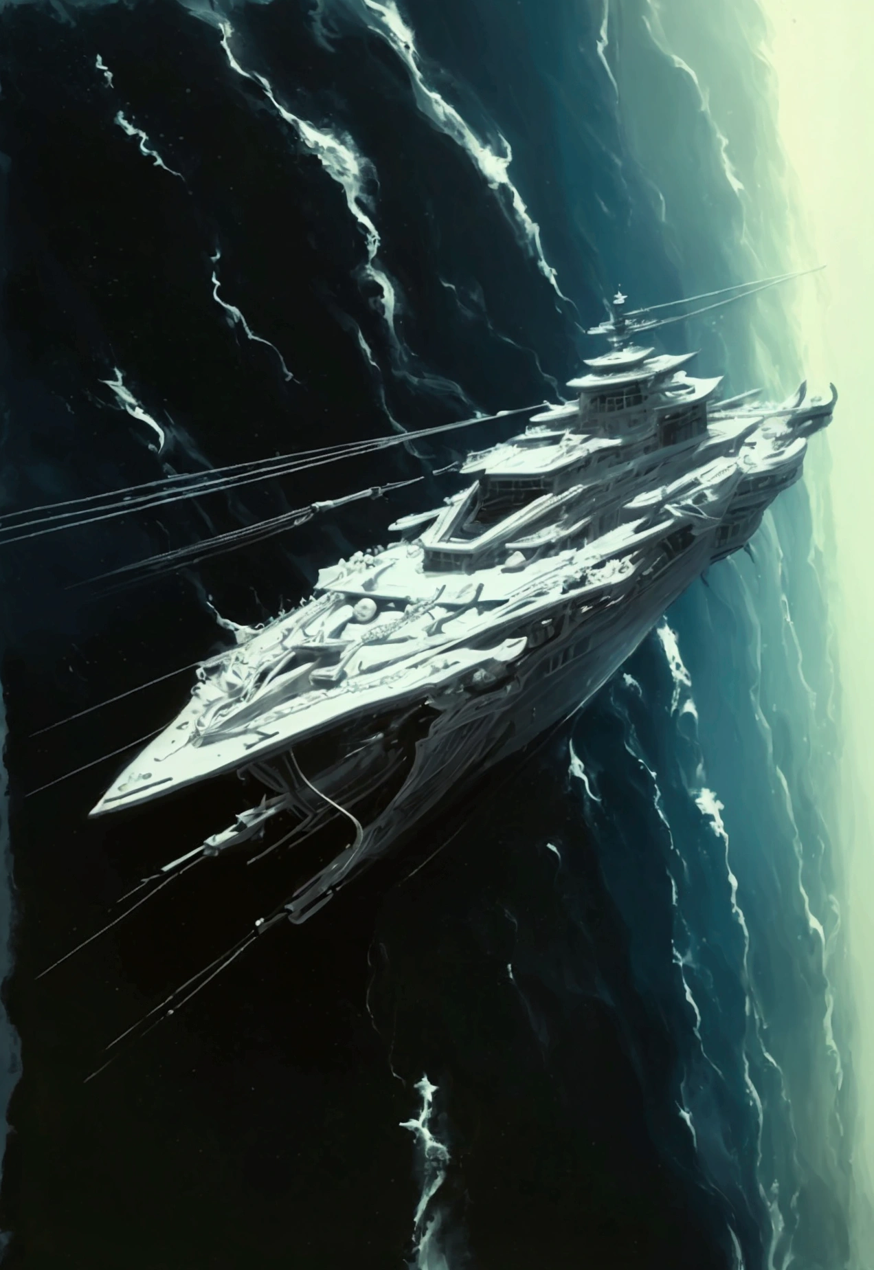 A whimsical ship drifts through the endless expanse of horror black space, its sails billowing in the eerie void.