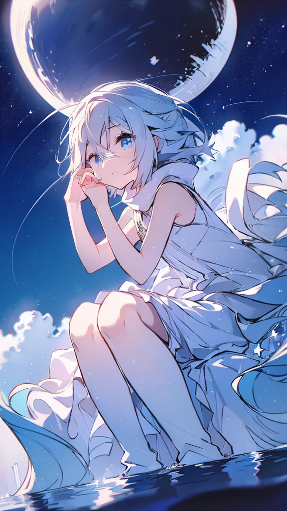Seven-doppelganger shot,Anime style 4K,High quality anime art style,Standing painting,Splash ink background,Blue Themes、Pure white background,Buildings,Face close-up,Buildings,Moon and sun、Shining Star々,milky way,Bright Sky,Looking at me,Facing forward,Clear eyes and nose,cute,beautiful,Thin legs,sitting by the water, black hair, Blue eyes, girl, bob, front, cute,Blue Background,Blonde,Short Bob