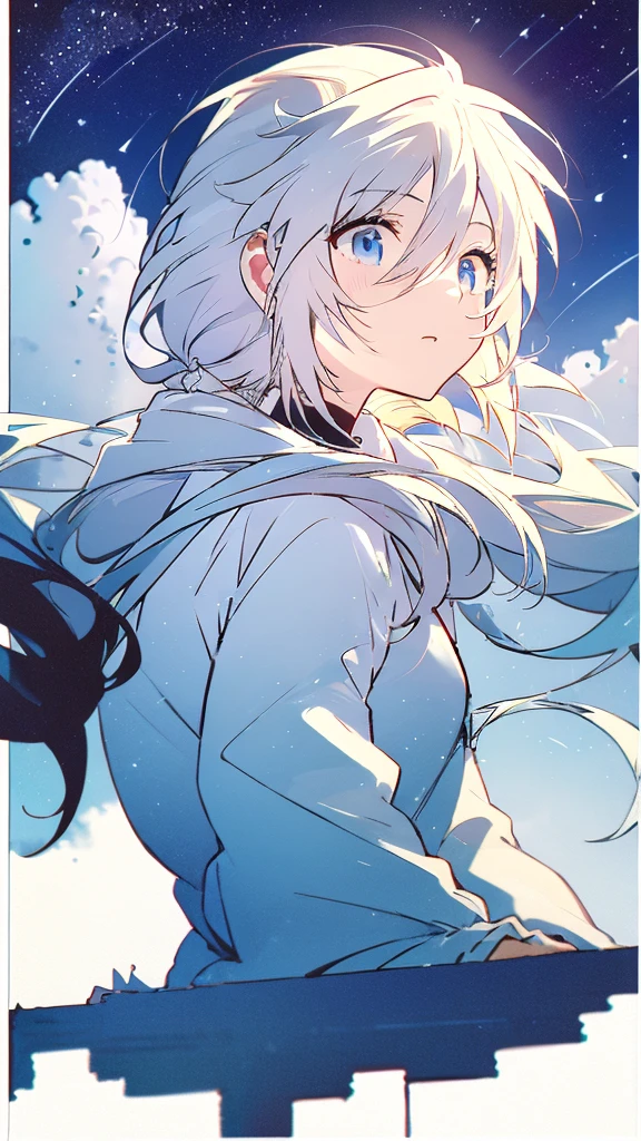 Seven-doppelganger shot,Anime style 4K,High quality anime art style,Standing painting,Splash ink background,Blue Themes、Pure white background,Buildings,Face close-up,Buildings,Moon and sun、Shining Star々,milky way,Bright Sky,Looking at me,Facing forward,Clear eyes and nose,cute,beautiful,Thin legs,sitting by the water, black hair, Blue eyes, girl, bob, front, cute,Blue Background,Blonde,Short Bob
