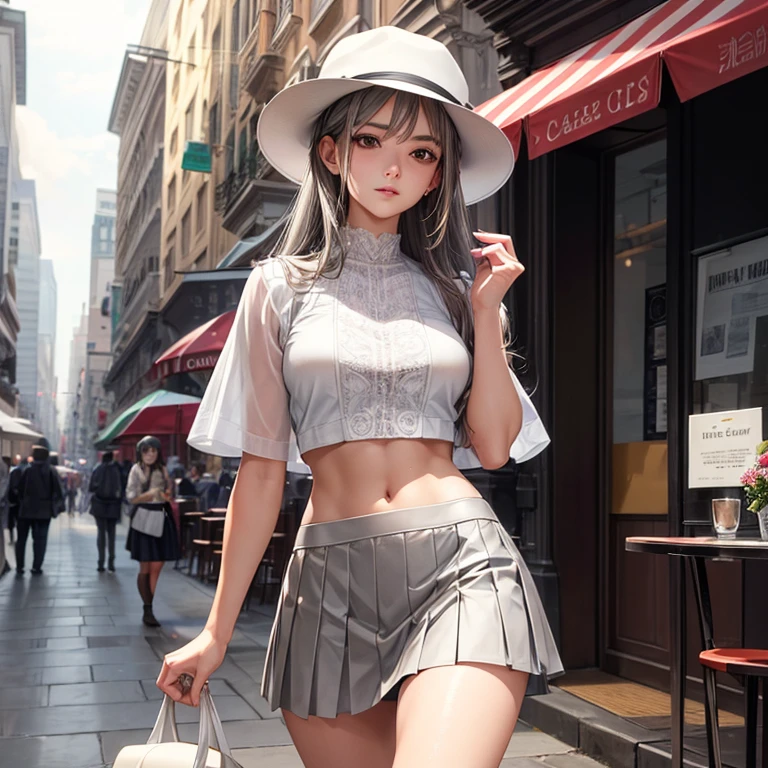 masterpiece, high quality, best quality, fair, HD, Perfect lighting, Detailed face, detailed body, 1 girl, alone, (long gray hair), Brown eyes, Medium breasts, ((white underwear)), ((Gray skirt)), (Gray Hat), in front of a cafe,