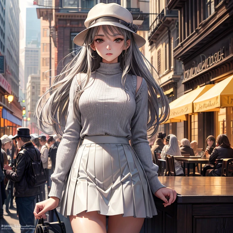 masterpiece, high quality, best quality, fair, HD, Perfect lighting, Detailed face, detailed body, 1 girl, alone, (long gray hair), Brown eyes, Medium breasts, ((white underwear)), ((Gray skirt)), (Gray Hat), in front of a cafe,
