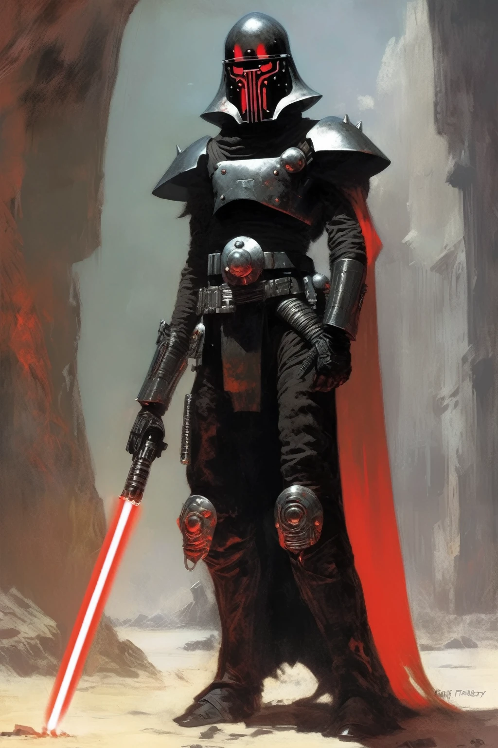 A inquisitor, sith with red lightsaber, concept art, cyberpunk, stranger, fighter, star wars, black and silver heavy armor, heavy helmet, frank frazetta style, alone, alien ambient