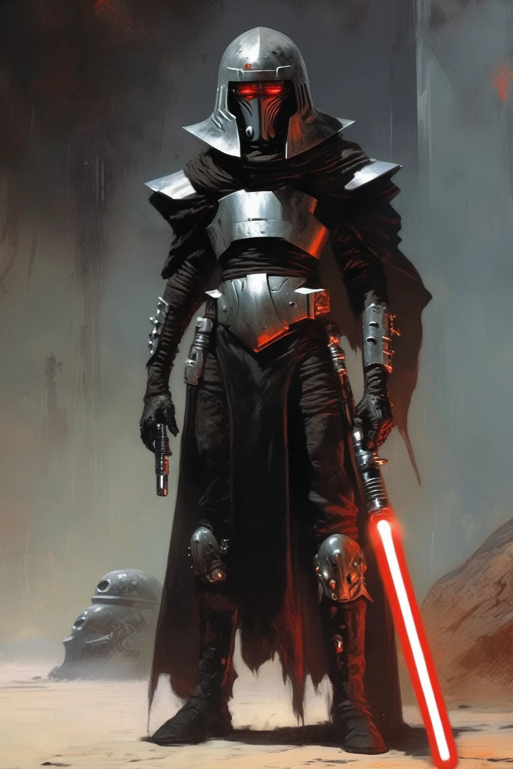 A inquisitor, sith with red lightsaber, concept art, cyberpunk, stranger, fighter, star wars, black and silver heavy armor, heavy helmet, frank frazetta style, alone, alien ambient