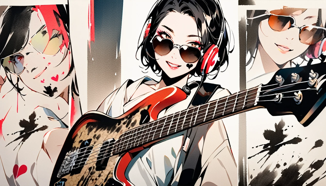 Fashion portrait color photos, (((Ink Painting))), (((1 girl))), (((Heart tattoo on face))), (((sunglasses))), Japanese style headphones, (((guitar bass))), Japanese Beauty, Black Hair, smile