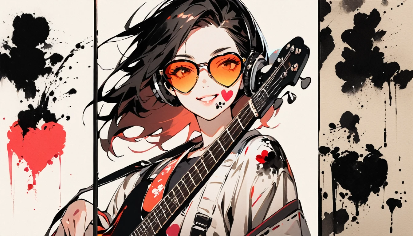 Fashion portrait color photos, (((Ink Painting))), (((1 girl))), (((Heart tattoo on face))), (((sunglasses))), Japanese style headphones, (((guitar bass))), Japanese Beauty, Black Hair, smile