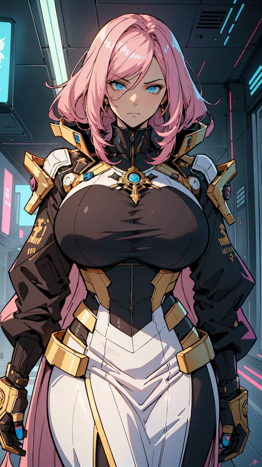 1 confident woman with floor-length pink hair, huge and big breasts, Futuristic royal costume in white with black and gold details, tall woman, blue detailed eyes, , judgmental look, golden metal skulls, sovereign pose, cyberpunk queen, lonely girl, 35 year old