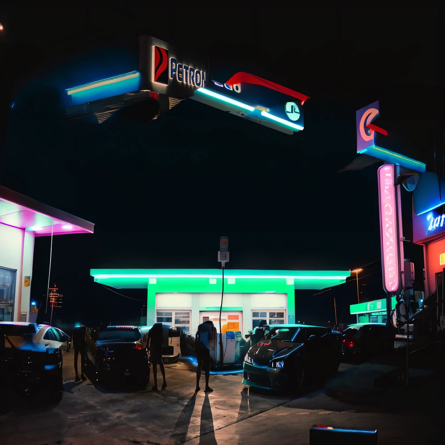 arafed gas station with cars parked in front of it at night, petrol aesthetic, gas station, “gas station photography, petrol energy, inside a gas station, gas station in space, petros, at night with neon lights, pexels, inspired by Elsa Bleda, ruined gas station and cars, pexels contest winner, petrol, neon lit